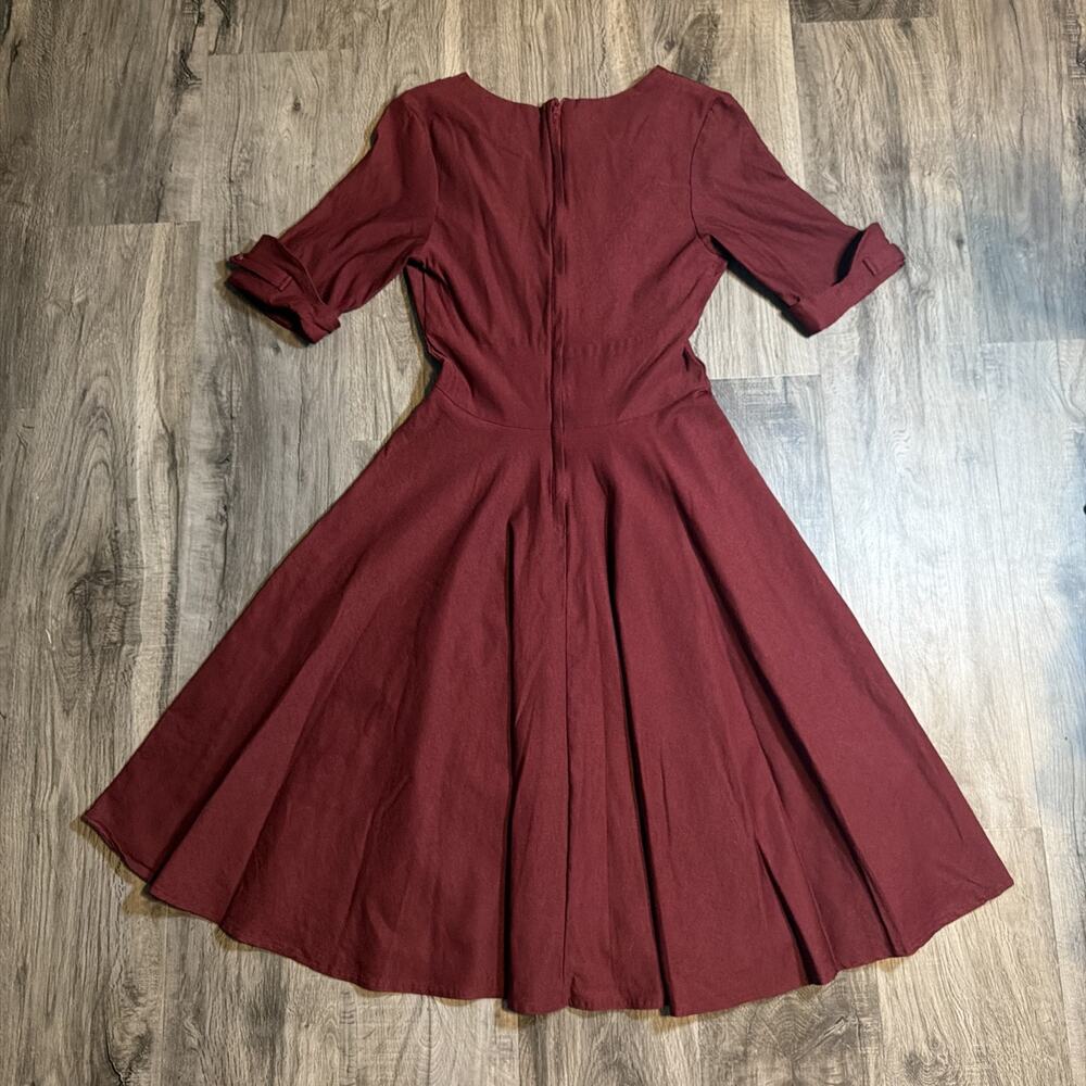 NWT Unique Vintage Burgundy Fit & Flare Dress Retro Pinup Swing Midi Sz L 10/12 - Picture 3 of 11